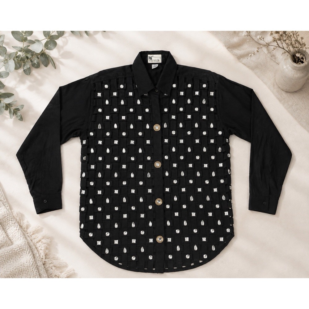 Yak Magik Black Woven Rhinestone Button Front Shirt Jacket Medium Nepal Boho